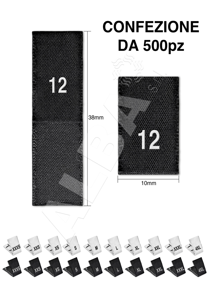 ETICHETTA TAGLIA TESSUTA PIEGATA TG 12 NERA SCRITTA BIANCA