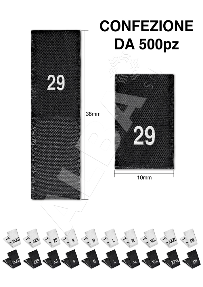 ETICHETTA TAGLIA TESSUTA PIEGATA TG 29 NERA SCRITTA BIANCA