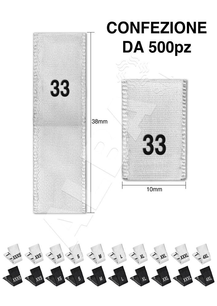 ETICHETTA TAGLIA TESSUTA PIEGATA TG 33 BIANCA SCRITTA NERA
