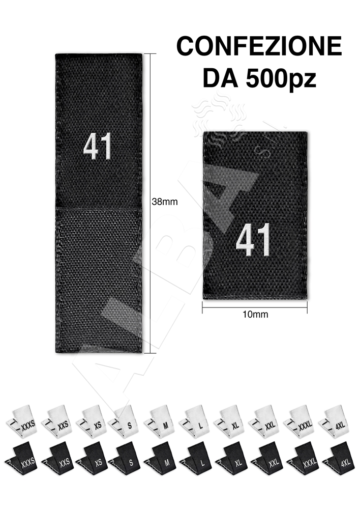 ETICHETTA TAGLIA TESSUTA PIEGATA TG 41 NERA SCRITTA BIANCA