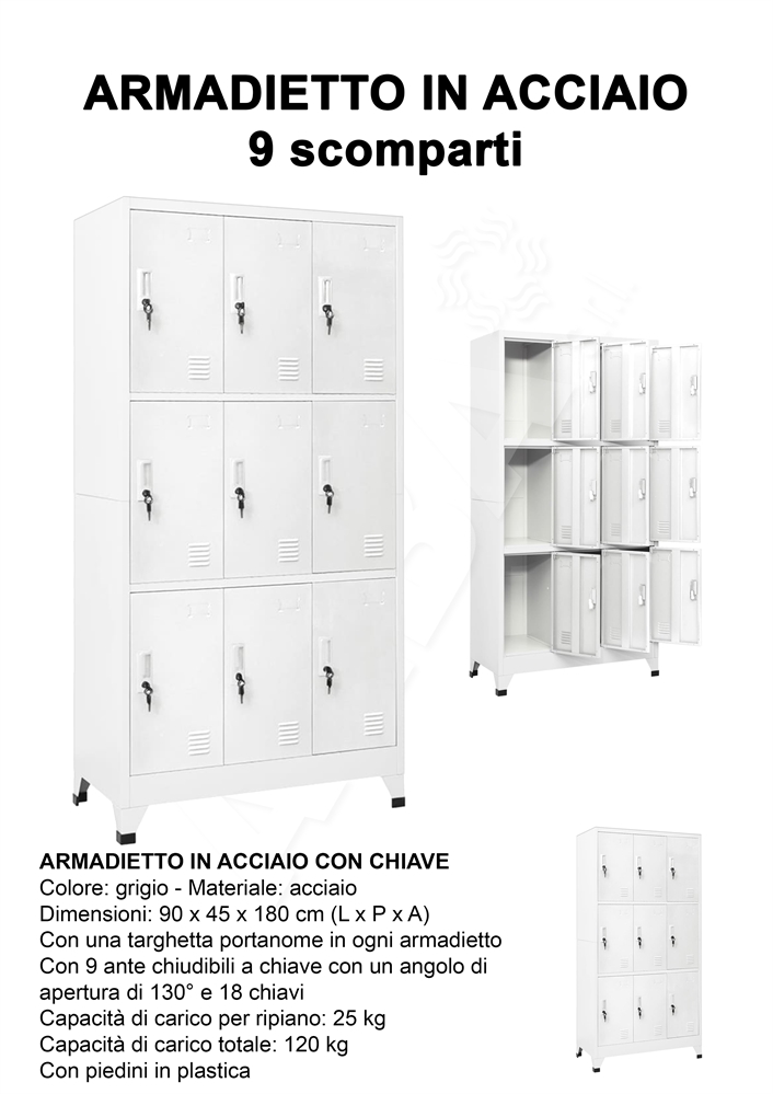 ARMADIO ALBA CON 9 POSTAZIONI IN ACCIAIO 90X45X180 CM.GRIGIO