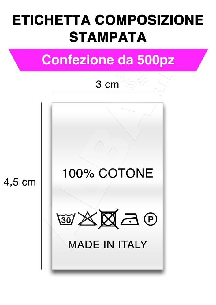 500 ETICHETTE COMPOSIZIONE ISTRUZIONI LAVAGGIO 100% COTONE