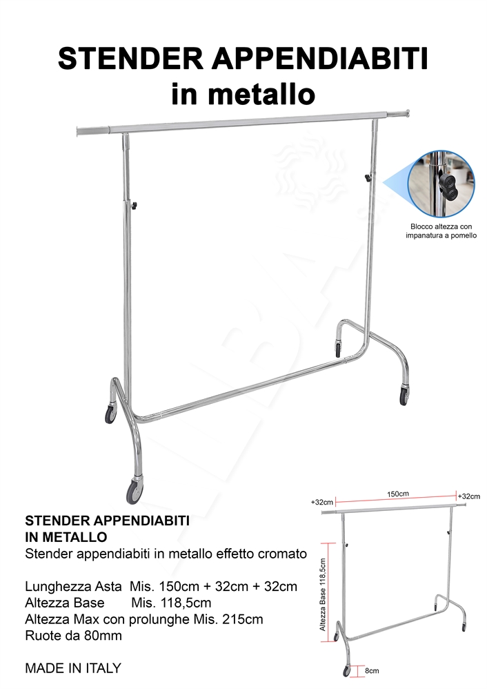 STENDER APPENDIABITI REGOLABILE DA 150CM A 214CM CON RUOTE 80MM