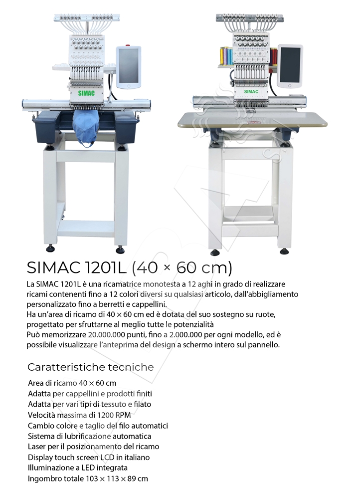 SIMAC 1201L MACCHINA DA RICAMO CAMPO 40x60cm 1 TESTA 12 AGHI