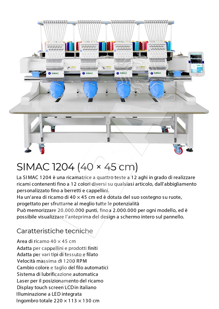 SIMAC 1204HC MACCHINA DA RICAMO CAMPO 40x45cm 4 TESTE 12 AGHI
