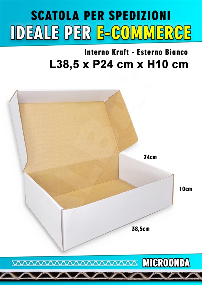 SCATOLA MONOONDA BIANCA PER SPEDIZIONI L38,5 x P24 x H10 cm