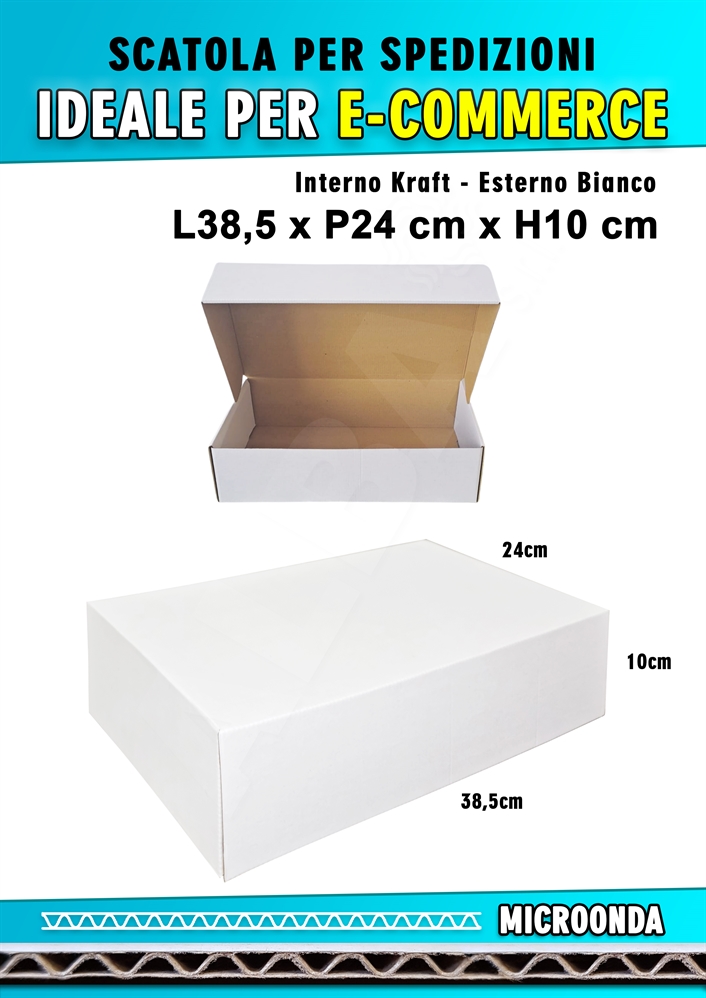 SCATOLA MONOONDA BIANCA PER SPEDIZIONI L38,5 x P24 x H10 cm