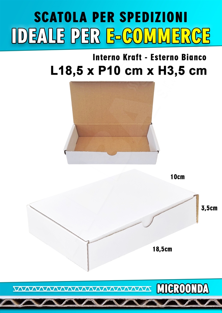 SCATOLA MONOONDA BIANCA PER SPEDIZIONI L18,5 x P10 x H3,5 cm