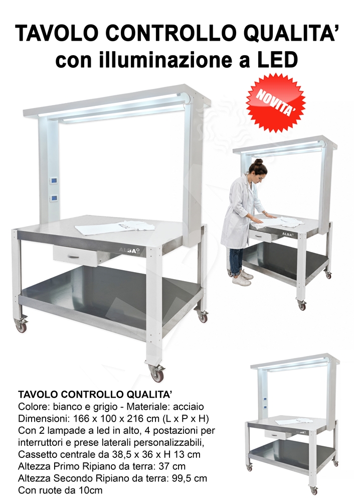 TAVOLO CONTROLLO QUALITA + PIANO IN ACCIAIO 150X100 + 2 NEON LED